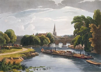 Abingdon Bridge and Church, rytowane przez Roberta Havella Młodszego (1793-1878) wydane 1818 (akwatinta)
