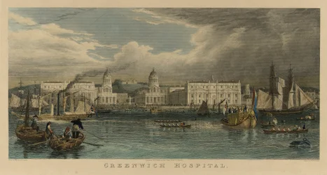 Królewska wizyta w szpitalu Greenwich (Anglia) z żaglowcem, statkiem parowym, barkami pasażerskimi i łodziami wiosłowymi na Tamizie