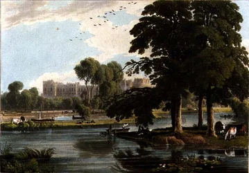Widok zamku Windsor z placów zabaw Eton College, sztychowany przez Roberta Havella (1769-1832) 1814 (kolorowe grawerowanie)