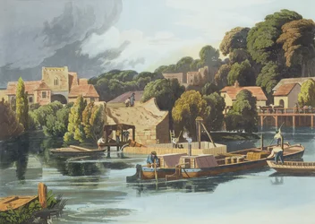 Wallingford Castle w 1810 podczas remontu mostu, rytowany przez Roberta Havella Młodszego (1793-1878) opublikowany 1818 (akwatinta)