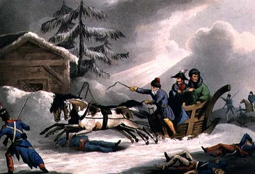 Lot Bonapartego w przebraniu hrabiego Vicenzy z Rosji, opublikowany 1 marca 1814 przez Williama Heatha (akwatinta)