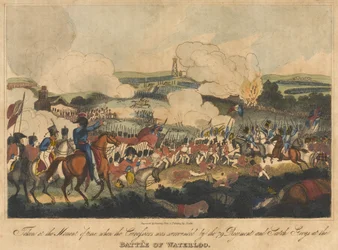 Zrobione w chwili, gdy kirasjerzy byli otoczeni przez 79 pułk i szaraki szkockie w bitwie pod Waterloo, 18 czerwca 1815, rytowane przez Romneya i opublikowane przez Richarda Evansa, 1816 (co