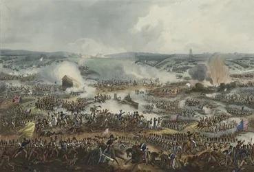 Bitwa pod Waterloo, 18 czerwca 1815, akwatinta autorstwa Thomasa Sutherlanda (1785-1838), opublikowana w „Martial Achievements” Jamesa Jenkinsa, 1 września 1815