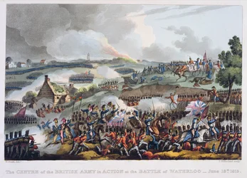 Centrum Armii Brytyjskiej w akcji w bitwie pod Waterloo, 18 czerwca 1815 r., z "The Martial Achievements of Great Britain and her Allies from 1799 to 1815", James Jenkins, wyryte przez Tho