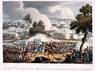 Lewe skrzydło armii brytyjskiej w akcji w bitwie pod Waterloo, grawerowane przez Thomasa Sutherlanda, 1815 (kolorowy akwatinta)