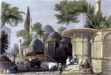Fontanna i meczet Chahzade, rytowane przez Robertsa Sandsa (1792-1855) c.1850 (akwatinta)