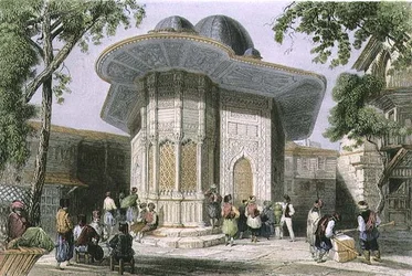 Fontanna w Galata, Stambuł, rytowana przez H. Griffithsa, ok. 1850 (akwatinta)
