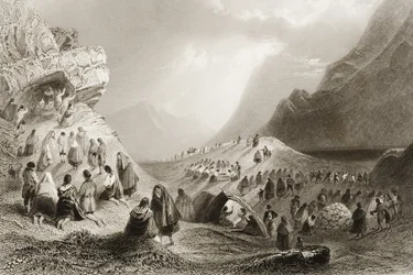 Wizyta w Holywell, Connemara, hrabstwo Galway, Irlandia, z "Scenery and Antiquities of Ireland" George Virtue, lata 60-te XIX wieku