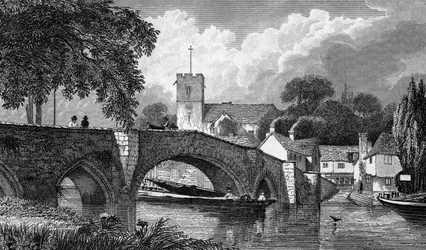 Kościół i most w Aylesford, grawerowane przez B. Winklesa, wydane w 1829 r.