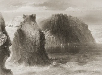 Most linowy Carrick-a-Rede, hrabstwo Antrim, Irlandia Północna, z książki "Scenery and Antiquities of Ireland" George