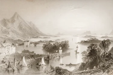 Clew Bay widziana z Westport, hrabstwo Mayo, z „Scenery and Antiquities of Ireland” George