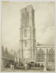 Na zewnątrz kościoła Temple, ukazujący internowanie, ok. 1825 (ołówek i akwarela na papierze)