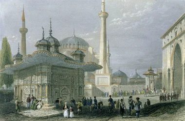 Fontanna i plac św. Zofii, Stambuł, rytowane przez T. Highama, ok. 1850 (akwatinta)