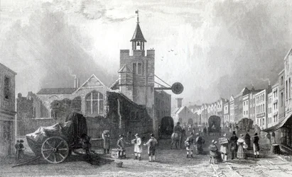 Wysoka St. z kościołem św. Mikołaja, Colchester, Essex, rycina Charles Mottram, 1831 (ryta)