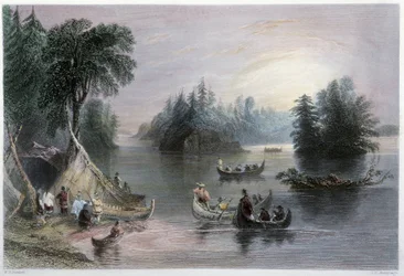 Indian Tipis i Canoes, Banks of the St Laurent - w "Canadian scenery illustrated" przez W.H. Bartlett, Londyn
