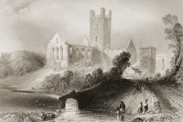 Opactwo Jerpoint, hrabstwo Kilkenny, Irlandia, z „Krajobrazy i starożytności Irlandii” George