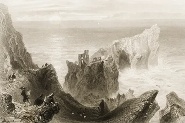 Zamek Kenbaan, niedaleko Ballycastle, hrabstwo Antrim, Irlandia Północna, z „Krajobrazy i starożytności Irlandii” George