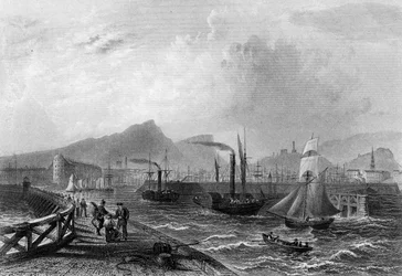 Leith Pier and Harbour, grawerowane przez Roberta Wallisa, c.1820
