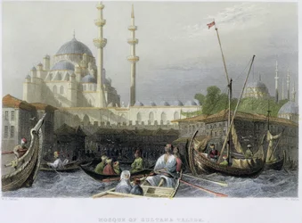 Meczet Sułtana Valide z portu, ryty przez Williama Wallisa, ok. 1850 (akwatinta)