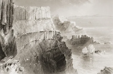 Plaiskin Cliff, w pobliżu Grobli Olbrzyma, hrabstwo Antrim, Irlandia Północna, z „Krajobrazy i starożytności Irlandii” George