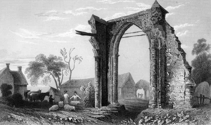 Pozostałości klasztoru Bycknacre Priory, Essex, grawerowane przez Williama Tomblesona, 1832