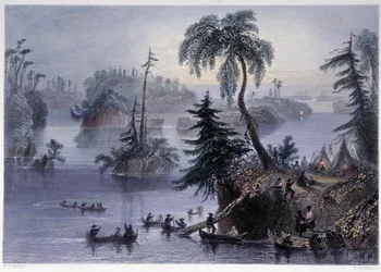 Scena wśród Tysiąca Wysp: Obóz i Łodzie, Mille îles - w „”kanadyjskiej scenerii ilustrowanej” przez Bartletta W.H.