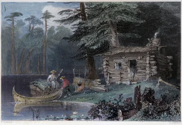 Mały Dom Osadników nad jeziorem Chaudière - w „kanadyjskiej scenerii ilustrowanej” przez W.H. Bartlett, Londyn