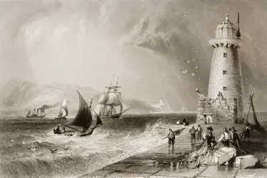 Latarnia morska na południowej ścianie z Howth Hill w oddali, Dublin, z „Scenery and Antiquities of Ireland” George