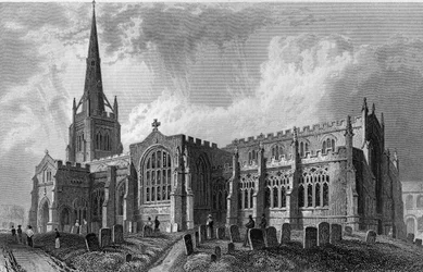 Kościół w Thaxted, Essex, wyryty przez Roberta Sandsa, 1831 r.