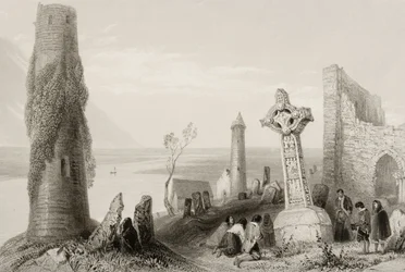 Starożytny krzyż i okrągła wieża w Clonmacnois, hrabstwo Offaly, Irlandia, z „Krajobrazy i starożytności Irlandii” (patrz 131074)