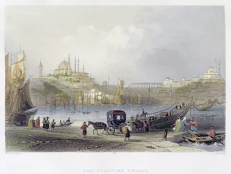 Pływający most, Stambuł, ryty J.C. Bentley, c.1850 (akwatinta)