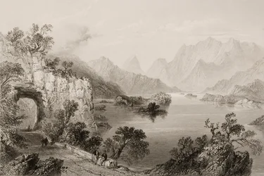Górne jezioro w Killarney, hrabstwo Killarney, Irlandia, z „Krajobrazy i starożytności Irlandii” George