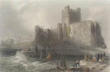 Widok na zamek Carrickfergus (kolorowy grawerunek)