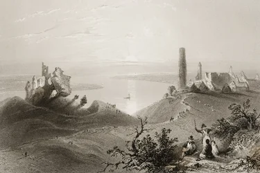 Widok na „Siedem kościołów Clonmacnois”, hrabstwo Offaly, Irlandia, z „Krajobrazy i starożytności w Irlandii” George