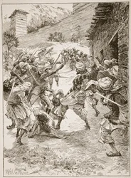 Porucznik Harley, na czele czterdziestu Sikhów i sześćdziesięciu Kaszmirczyków, wtargnął do domu nad ujście kopalni, ilustracja z „Bitwy XIX wieku” Archibalda Forbesa, G.A. Henta i