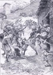 Porucznik Harley prowadzący grupę z Fort Chitral, ilustracja z Historii Anglii Cassells, 1900