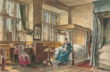 Panna Moore szyjąca w swojej sypialni, Hardwick Hall, Derbyshire
