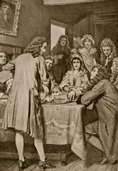 Paterson wyjaśniający schemat Dariena w Edynburgu, 1694, ilustracja z „Hutchinson