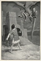 Smok opadł na niego, otwierając straszliwe szczęki, z „Hero Myths and Legends of the British Race” autorstwa M.I. Przypływ, 1910
