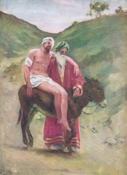 Dobry Samarytanin, z The Bible Picture Book wydanej przez Thomasa Nelsona, ok. 1950