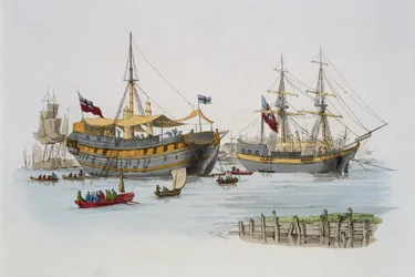 Statki więzienne, z „Kostium Wielkiej Brytanii”, wydane przez Williama Millera, 1805