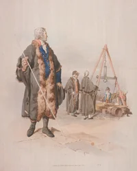 Ward Beadle w stroju obywatelskim, trzymający laskę, na dochodzeniu Wardmote, 1805