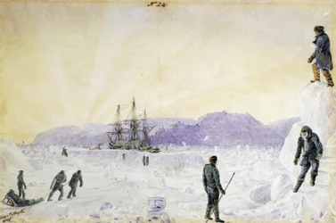 HMS Terror uwięziony w lodzie w pobliżu wyspy Southampton, Nunavut, Kanada" Akwarela autorstwa Williama Smytha, styczeń 1837 r. Narodowe Muzeum Morskie, Greenwich, Londyn