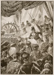 Około trzydziestu członków załogi wykonało mały pokaz oporu, ilustracja z „Bitwy XIX wieku” autorstwa Archibalda Forbesa, G.A. Henty i major Arthur Griffiths