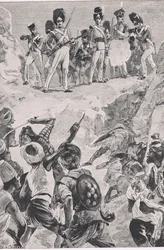Zwolennicy Carmichaelsa wystrzelili salwę w gęstą grupę ludzi: Bitwa pod Bharatpur 1826, ilustracja z brytyjskich bitew lądowych i morskich, 1915