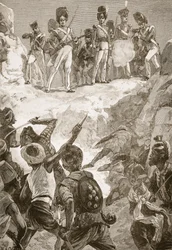Zwolennicy Carmichaela strzelali do gęstej gromady mężczyzn przed nimi, ilustracja z „Bitwy XIX wieku” Archibalda Forbesa, G.A. Henty i major Arthur Griffiths