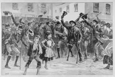 Pozdrawiający nazwisko lorda Randolpha Churchilla w Loughrea, ogłoszony przez Town Crier ogłaszającego swoją rezygnację, z „The Illustrated London News”, 8 stycznia 1887