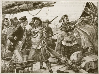 Chińscy oficerowie ciągnący flagę brytyjską na „strzałce”, 8 października 1856, ilustracja z „Ilustrowanej historii Anglii Cassella” (zdjęcie w sepii)