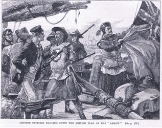 Chińscy oficerowie ciągnący brytyjską flagę „Strzałką” 1856 AD