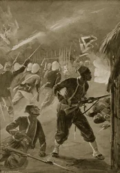 To był nocny atak i wróg przyłapał ich na drzemkach, ilustracja z „Bitwy XIX wieku” Archibalda Forbesa, GA. Henty i major Arthur Griffiths